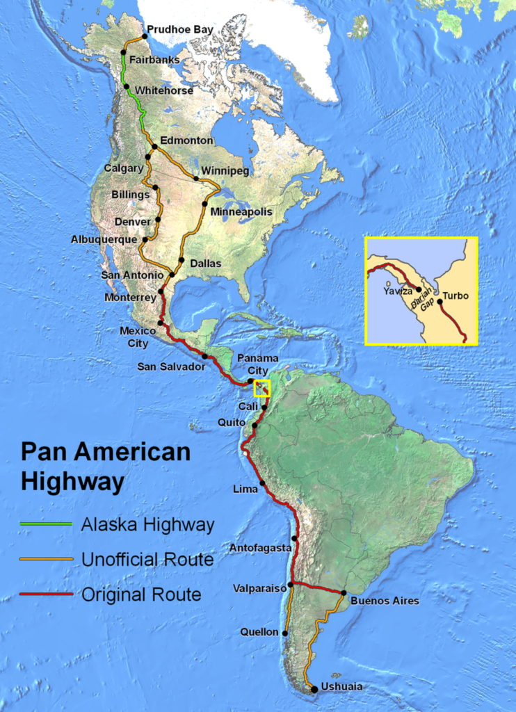 Carte de la route panaméricaine.