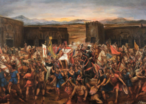 Peinture à l'huile représentant la capture d'Atahualpa à Cajamarca (bataille de Cajamarca).