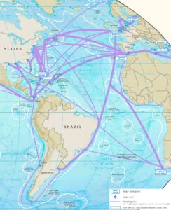 Carte des principaux ports et des principales routes maritimes de l'océan Atlantique.