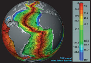 Globe montrant l'âge des roches du fond marin de l'océan Atlantique.