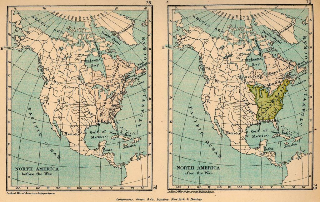 L'Amérique du Nord avant et après la guerre d'indépendance américaine en 1775 et 1783.