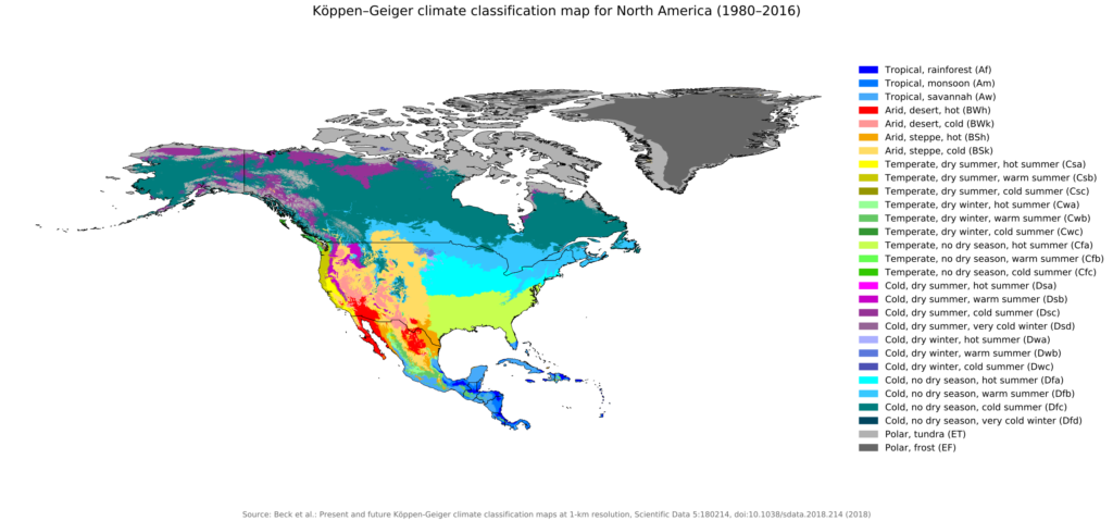 Carte climatique de l'Amérique du Nord.