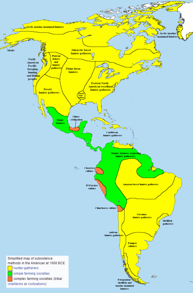 Carte des modes de subsistance en Amérique vers 1000 av. J.-C.