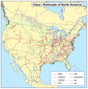Carte des chemins de fer de classe I en Amérique du Nord.