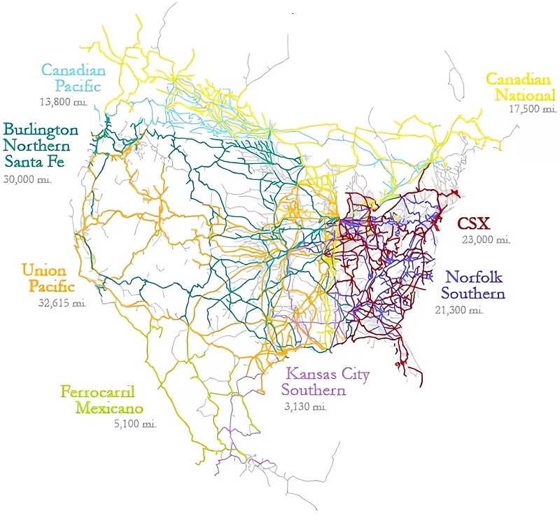 Carte du réseau ferroviaire nord-américain.