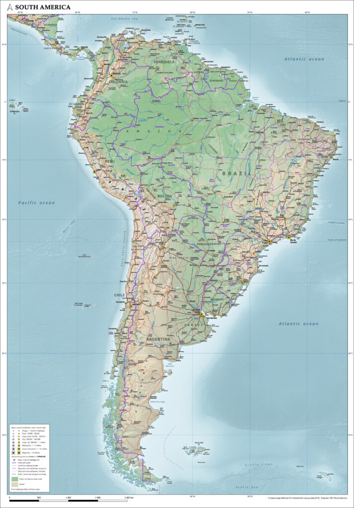 Carte physique de l'Amérique du Sud.
