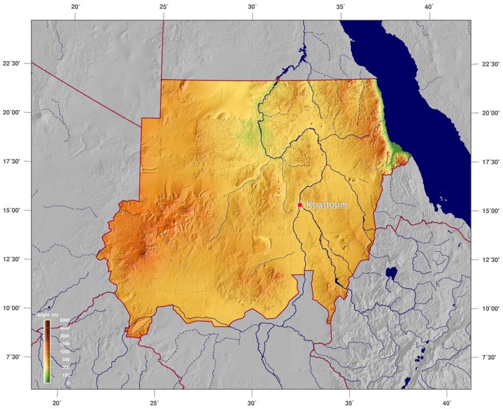 Carte physique du Soudan.