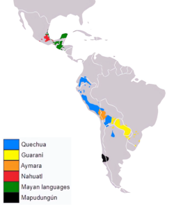 Carte des aires de répartition des langues précolombiennes en Amérique latine.