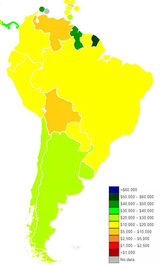 Carte des pays d'Amérique du Sud par PIB par habitant (PPA).