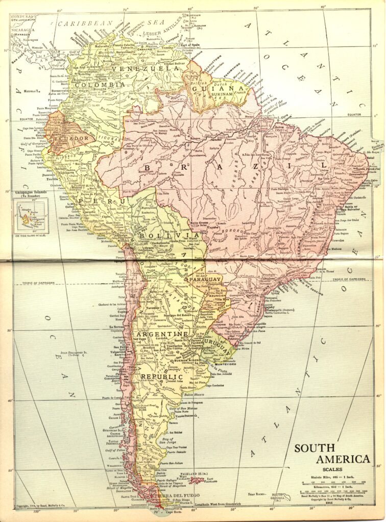 Carte de l'Amérique du Sud en 1914.