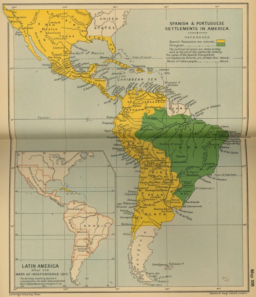 Carte des établissements espagnols et portugais en Amérique, fin du XVIIIe siècle.