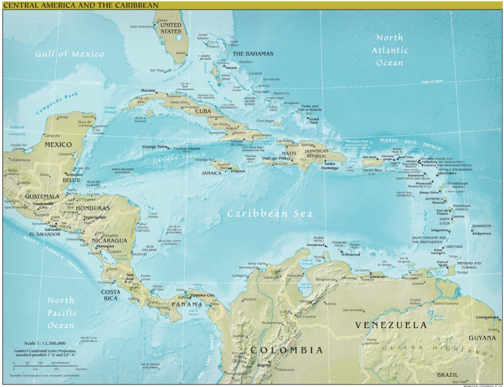 Carte physique des Caraïbes.