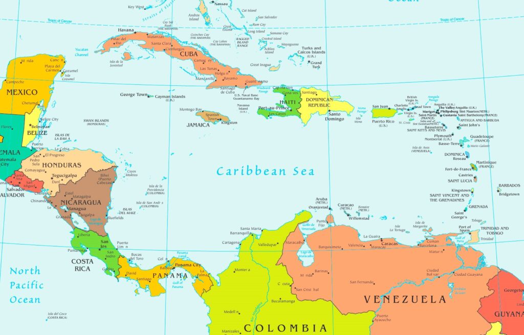 Carte des pays et territoires des Caraïbes.