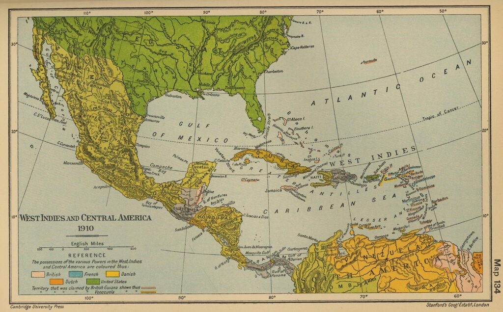 Carte des Caraïbes et de l'Amérique centrale 1910.