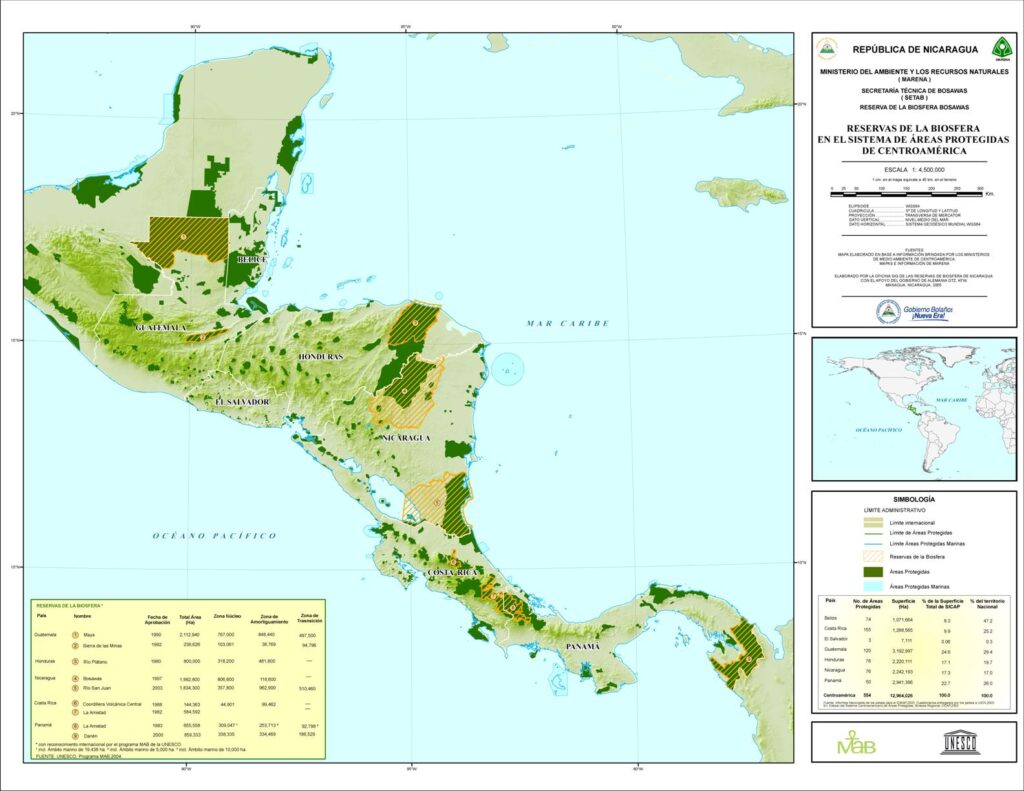 Carte des réserves de biosphère en Amérique centrale.