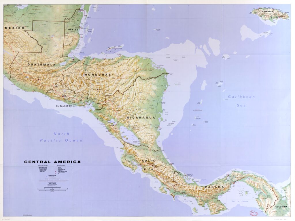 Carte physique de l'Amérique centrale.