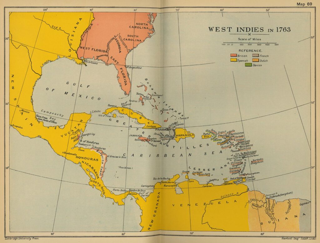 Carte des Caraïbes en 1763.