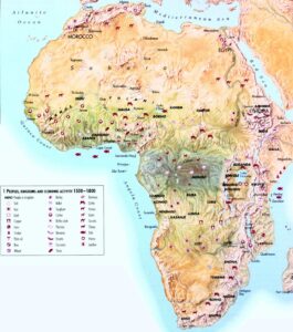 Carte de l'activité économique en Afrique entre 1500 et 1800.