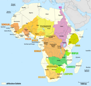 Carte des bassins versants des grands systèmes hydrauliques en Afrique.