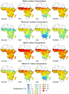 Températures extérieures et intérieures moyennes et minimales mensuelles dans toute l'Afrique.