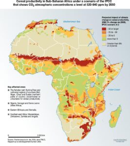 Carte des impacts du changement climatique sur l'agriculture en Afrique.