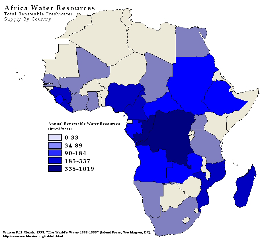 Carte de l'approvisionnement total en eau douce renouvelable par pays en Afrique 1998.