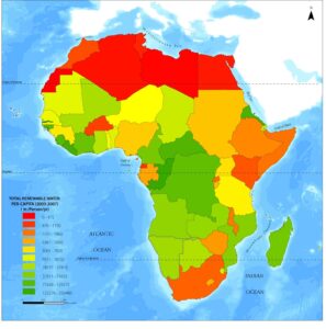 Carte des ressources en eau renouvelables par habitant en Afrique 2003-07.