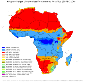 Carte climatique prévue pour l'Afrique de 2071 à 2100.