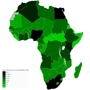 Carte de l'Afrique en PIB nominal national en 2020 (milliards USD).