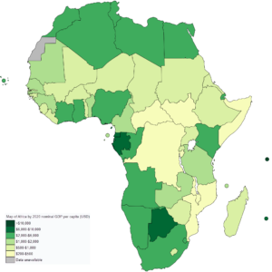 Carte de l'Afrique par PIB nominal (USD) par habitant en 2020.