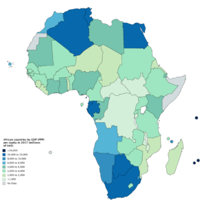 Carte des pays africains par PIB (PPA) par habitant en 2020.
