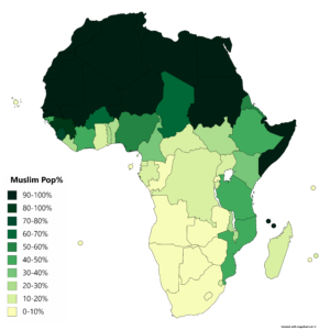 Carte de l'Afrique par pourcentage de musulmans par pays 2018.