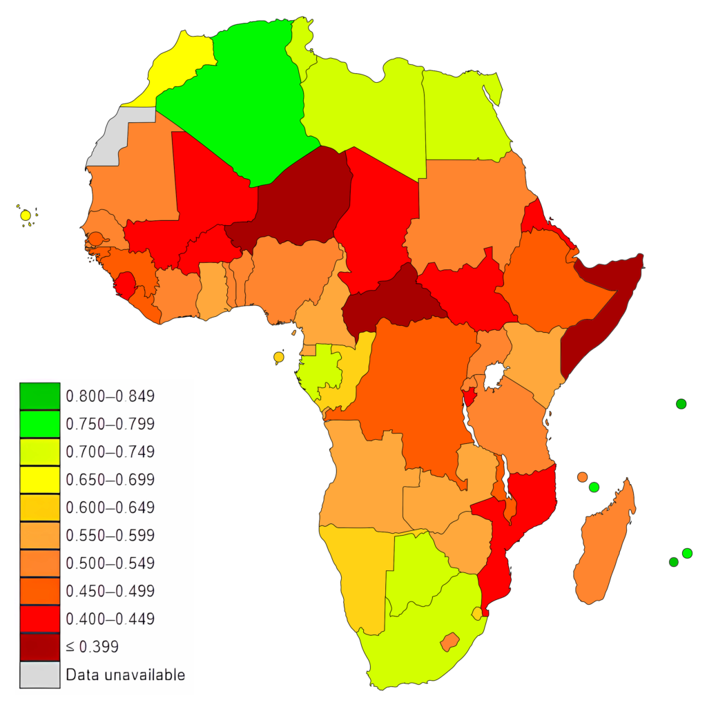 Carte des pays africains par indice de développement humain.
