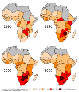 Carte de prévalence du VIH/SIDA en Afrique sub-saharienne 1990-2009.