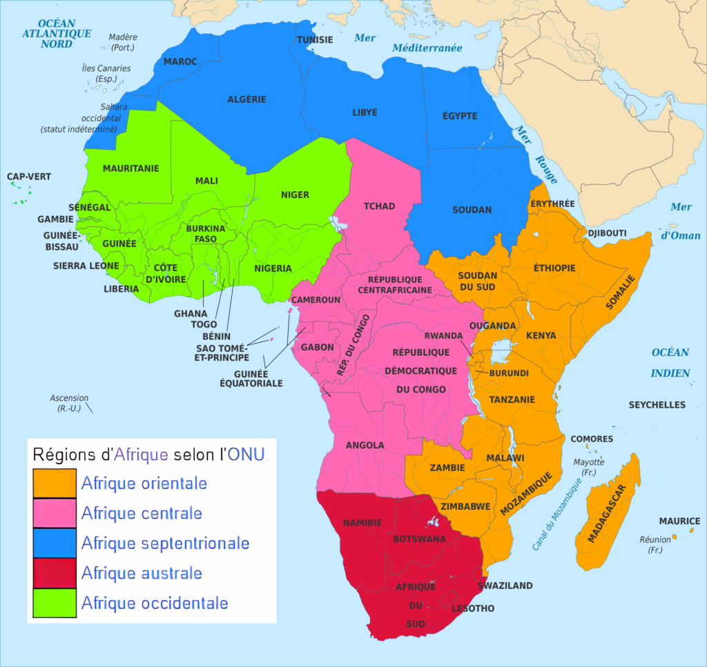 Carte des régions d'Afrique selon l'ONU.
