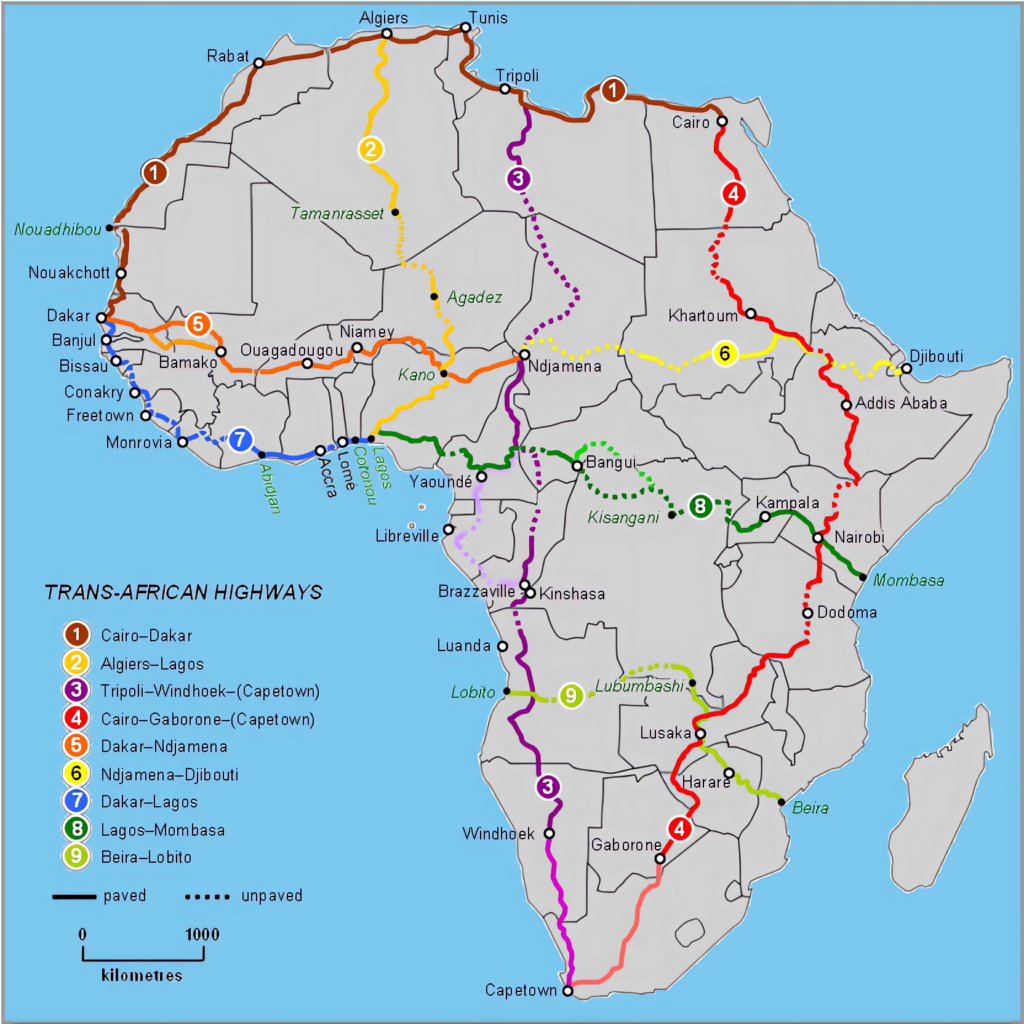 Carte du réseau routier transafricain.