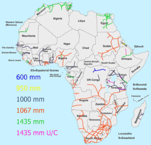 Carte schématique des chemins de fer africains par gabarit 2017.