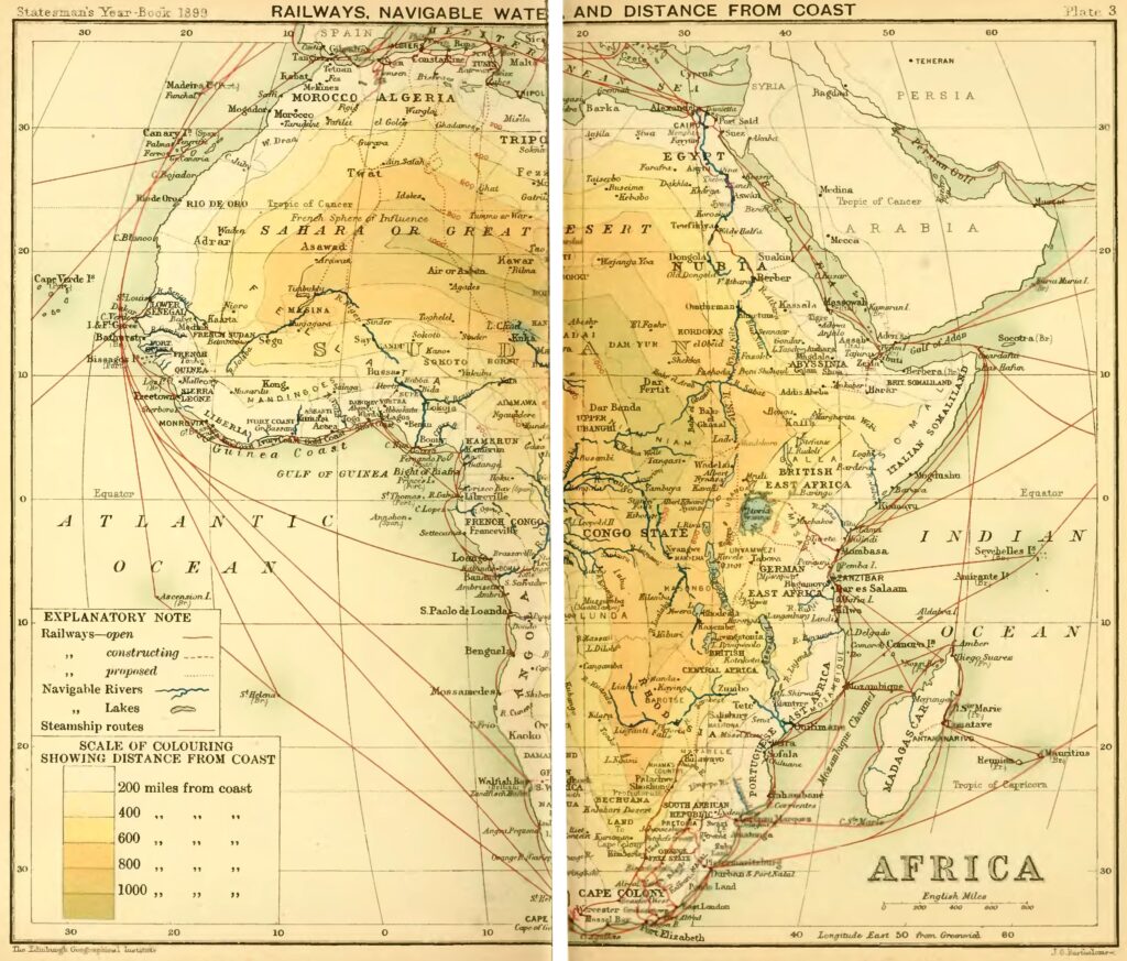 Carte des chemins de fer en Afrique 1899.