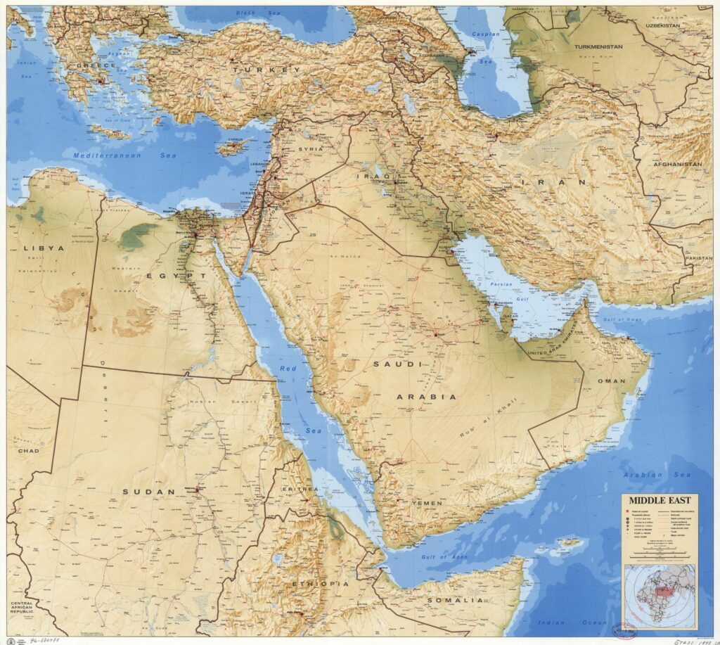Carte physique du Moyen-Orient.