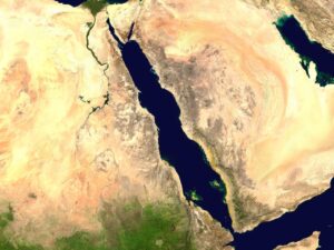 Les golfes de Suez, d'Aqaba et la mer Rouge vus par un satellite de la NASA.