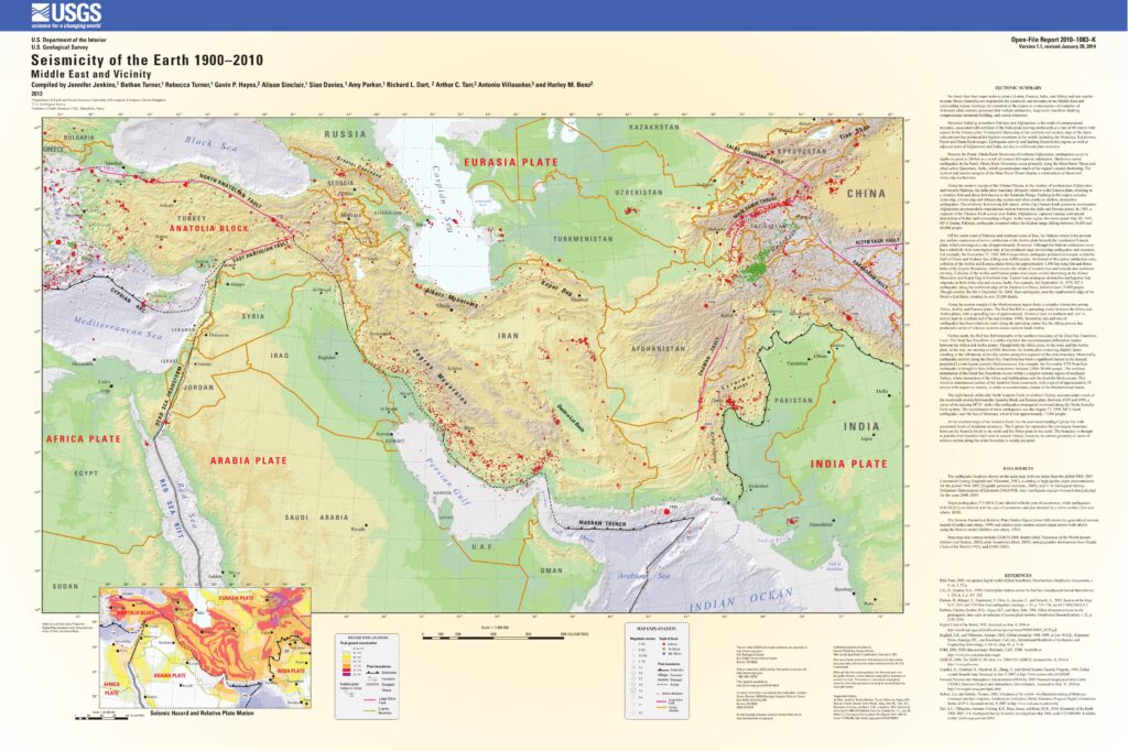 Carte de sismicité du Moyen-Orient et des environs 1900–2010.