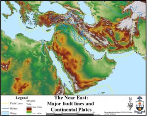 Carte des failles sismiques majeures en Méditerranée orientale et au Moyen-Orient.