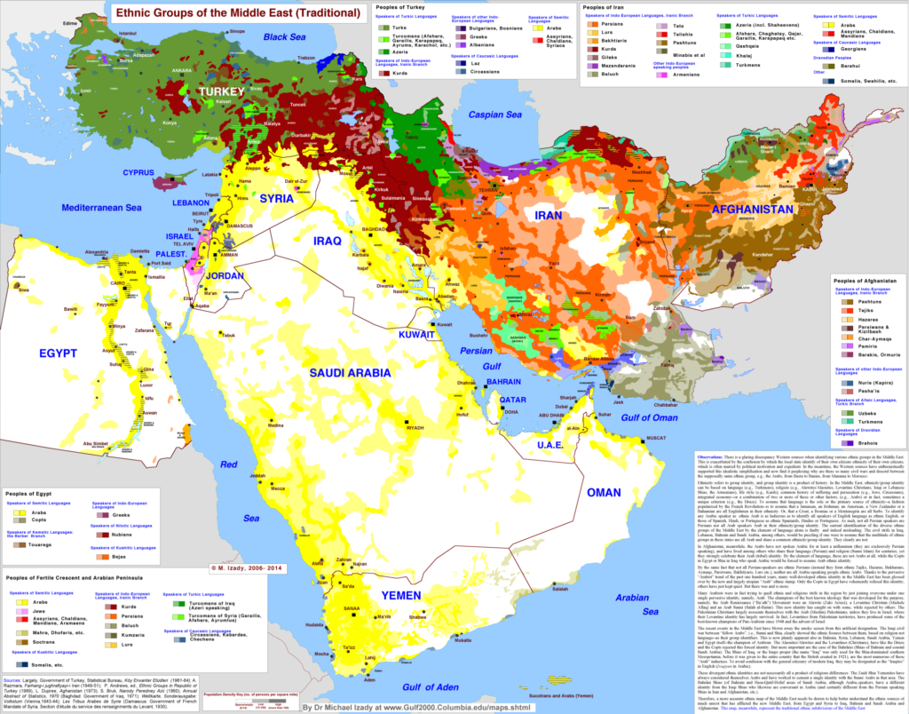 Carte des groupes ethniques au Moyen-Orient.