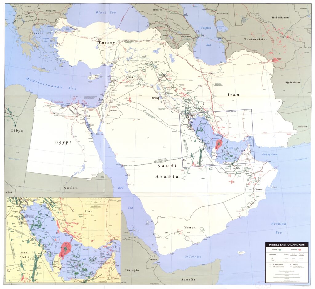 Carte du pétrole et du gaz au Moyen-Orient.
