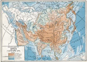 Carte physique de l'Asie de 1916 par Tarr et McMurry.
