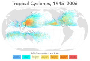 Carte mondiale de l'activité des cyclones tropicaux entre 1945 et 2006.