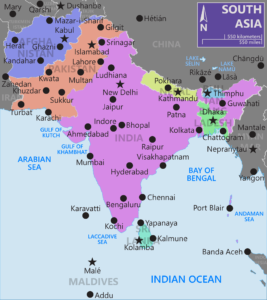 Carte des principales villes de l'Asie du Sud.