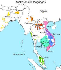 Carte des branches principales des langues austroasiatiques. 