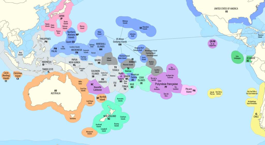 Carte des zones économiques exclusives (ZEE) de l'océan Pacifique.