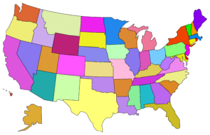 Carte politique vierge colorée des États-Unis.